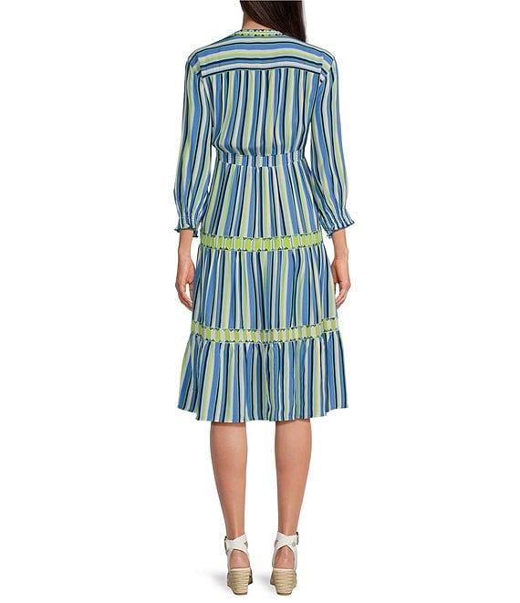 John Mark Embroidered Stripe V-Neck Long Ruffle Sleeve Tiered Popover Midi Dress Product Image