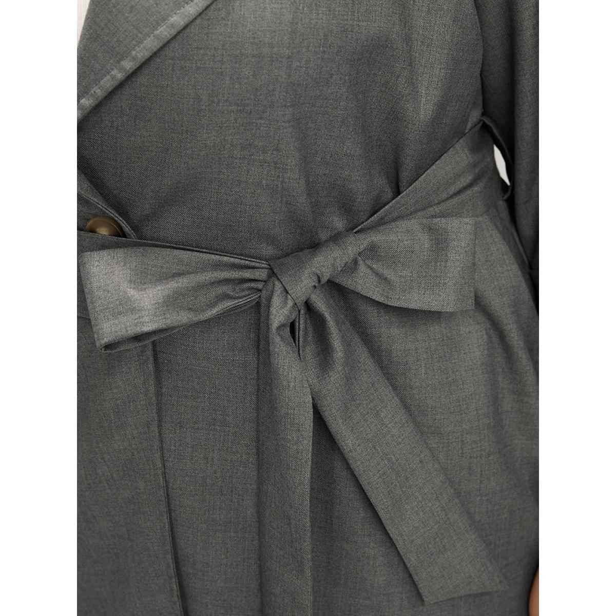 Plus Size Plain Lapel Collar Pocket Roll Sleeve Belted Coat Women Gray Office Pocket Ladies Dailywear Winter Coats BloomChic 14-16/1X Product Image