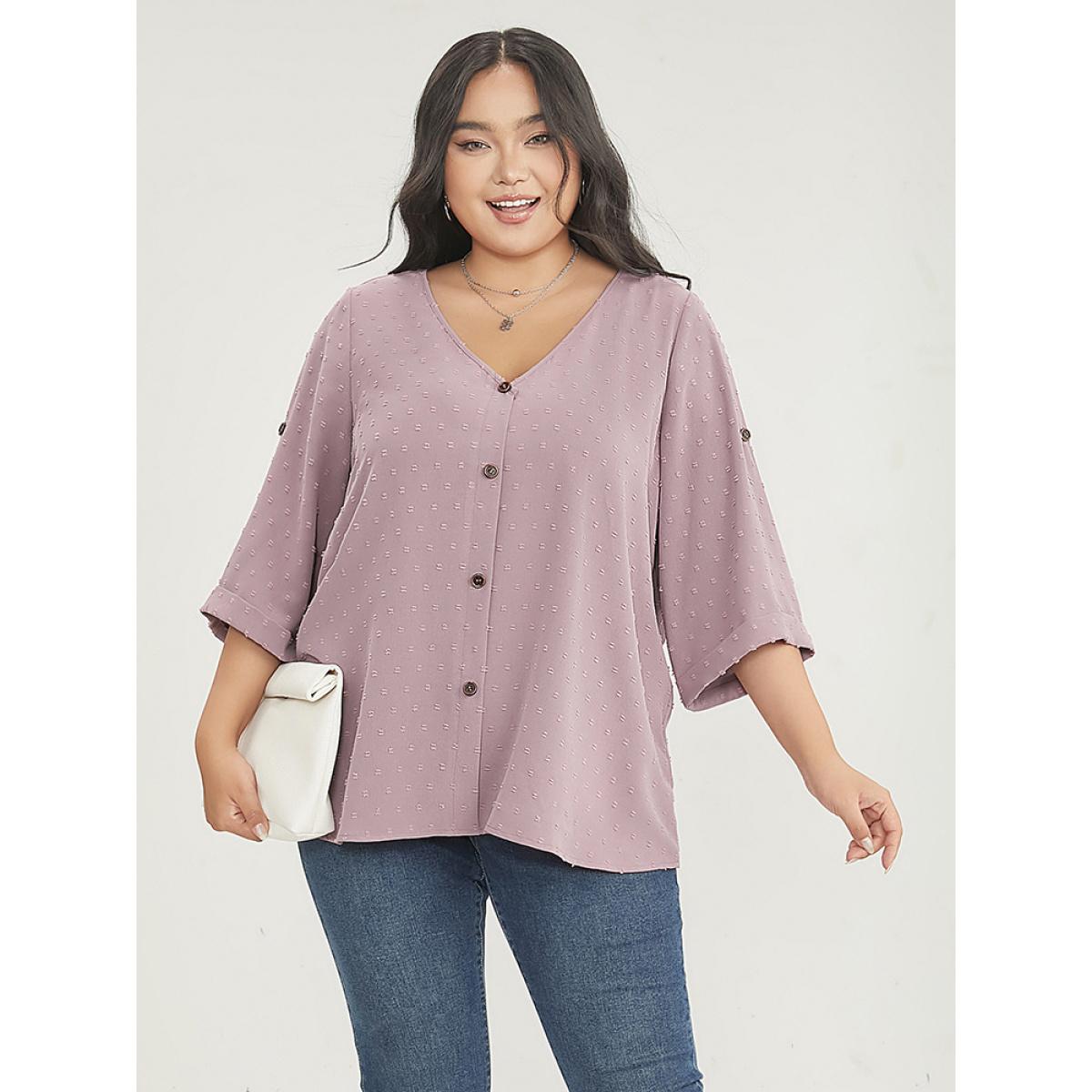 Plus Size Mauve Polka Dot V Neck Button Detail Cuffed Sleeve Blouse Women Office Elbow-length sleeve V-neck Office Blouses BloomChic 28/5X Product Image
