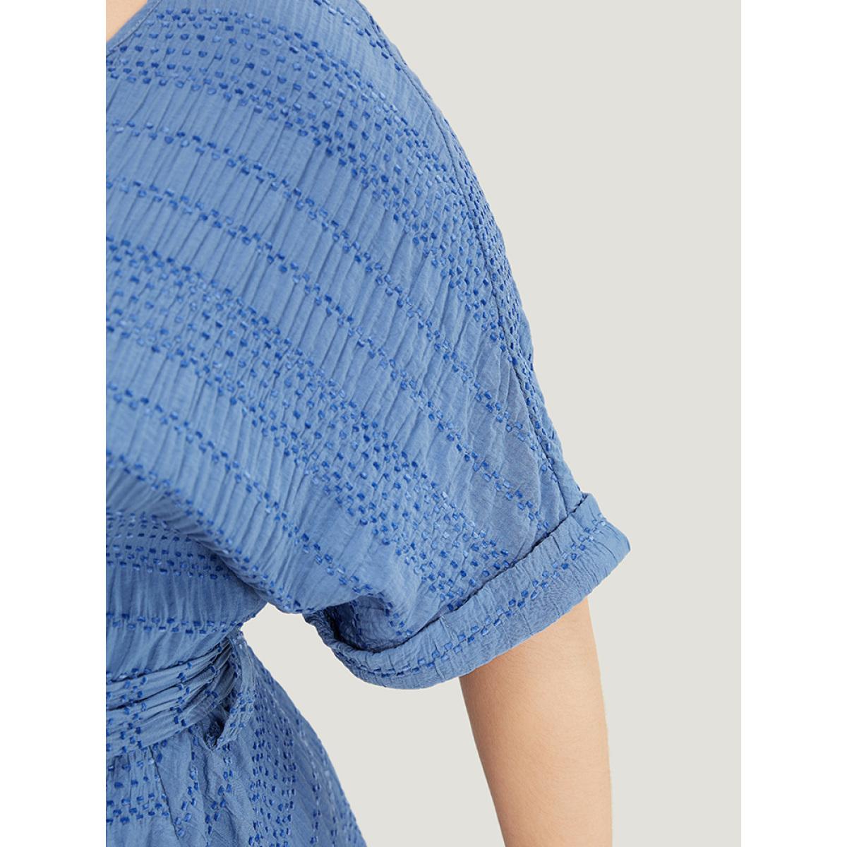 Plus Size Solid Textured Pocket Roll Batwing Sleeve Button Up Knee Dress Stone Women Office Cross straps V-neck Short sleeve Curvy Knee Dress BloomChic 28/5X Product Image