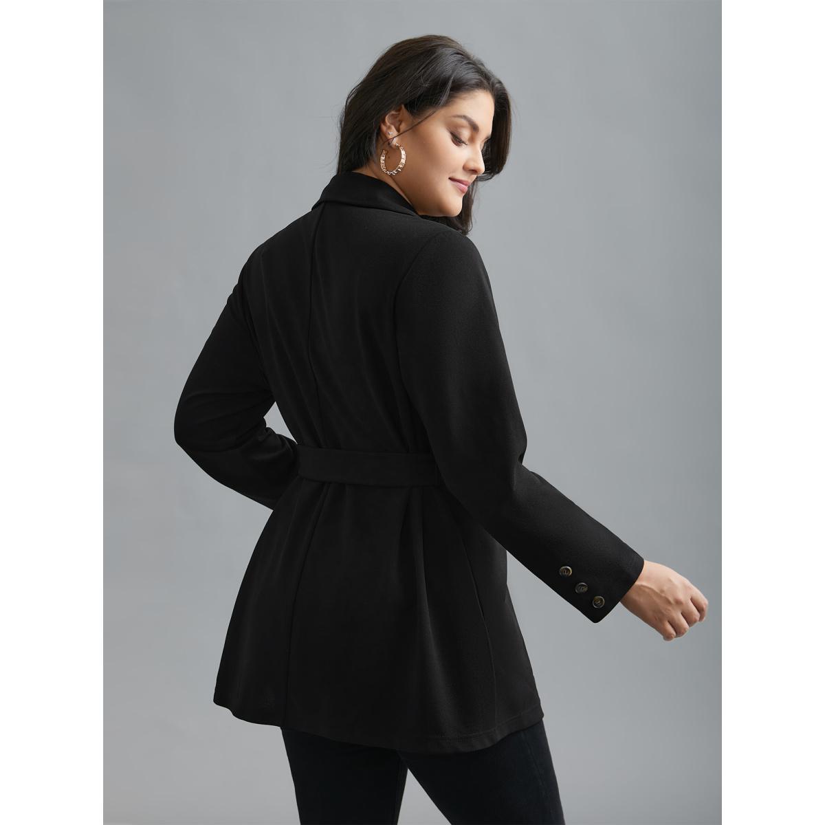 Plus Size Lapel Collar Belted Button Detail Jacket Women Black Belted Bodycon Side seam pocket Belt Everyday Jackets BloomChic 12/L Product Image