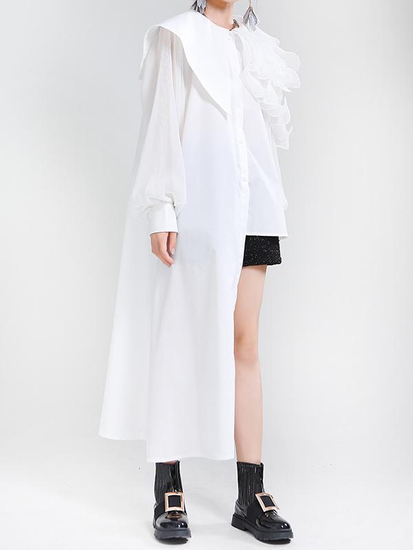 Long Sleeves Loose Asymmetric Pleated Solid Color Split-Joint Falbala Lapel Blouses&Shirts Tops Product Image