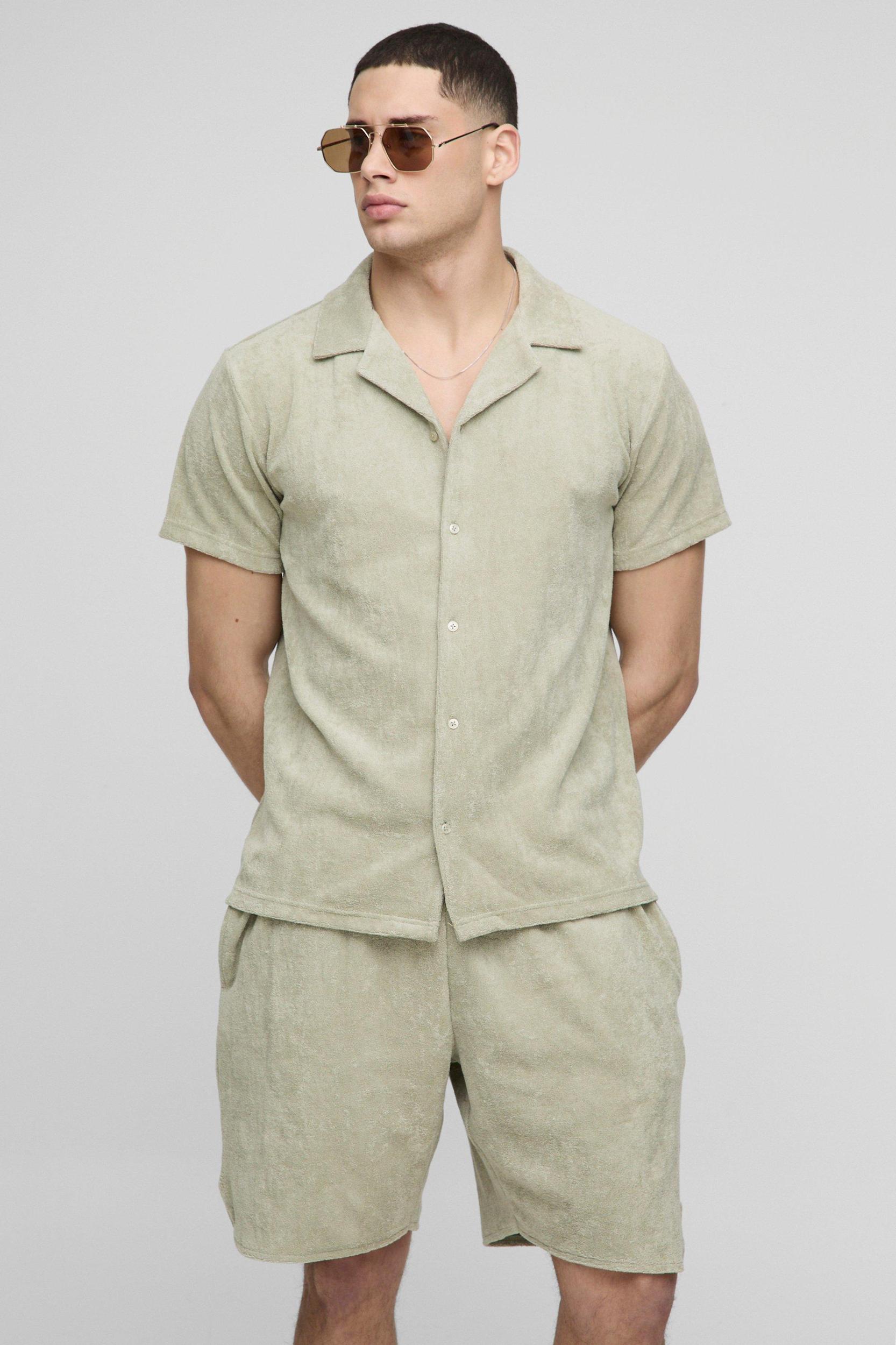 Regular Fit Jersey Towelling Revere Shirt & Runner Short Set | boohooMAN USA Product Image
