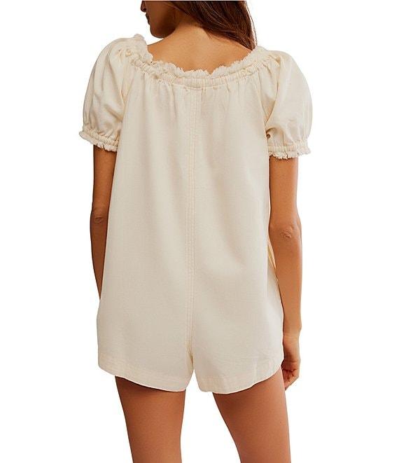 Free People Daisy Denim Square Neck Short Puff Sleeve Babydoll Romper Product Image
