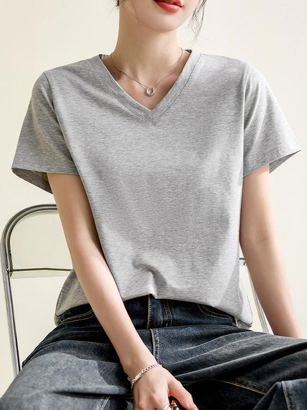 Loose Short Sleeves Solid Color V-Neck T-Shirts Tops Product Image