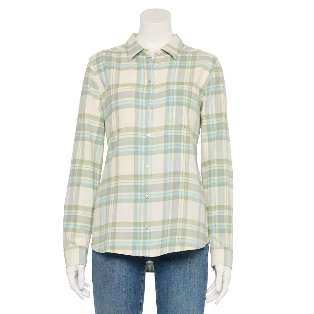Women's Croft & Barrow® Flannel Holiday Shirt, Size: Medium, Ivory Olive Cute Plaid Product Image