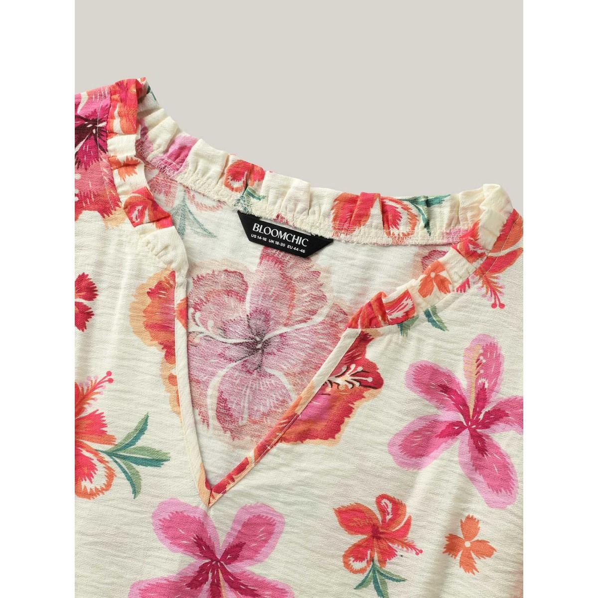 Plus Size Multicolor Large Floral Print Notched Collar Blouse Women Short sleeve Notched collar Vacation Blouses BloomChic 18-20/2X Product Image