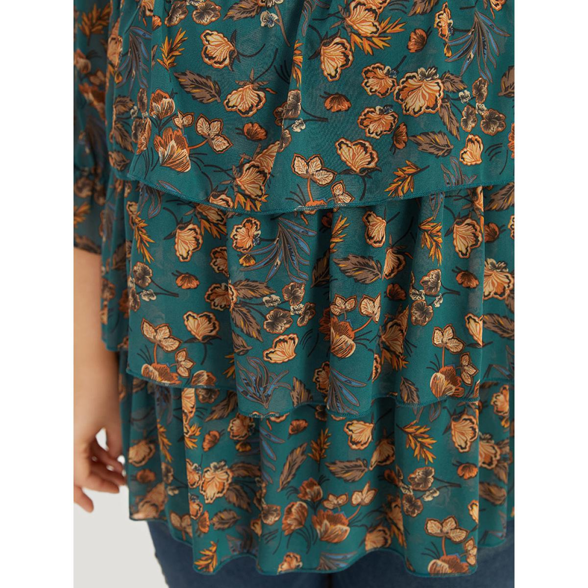 Plus Size Cyan Floral Print Square Neck Layered Ruffle Trim Blouse Women Office Half Sleeve Square Neck Dailywear Blouses BloomChic 12/L Product Image