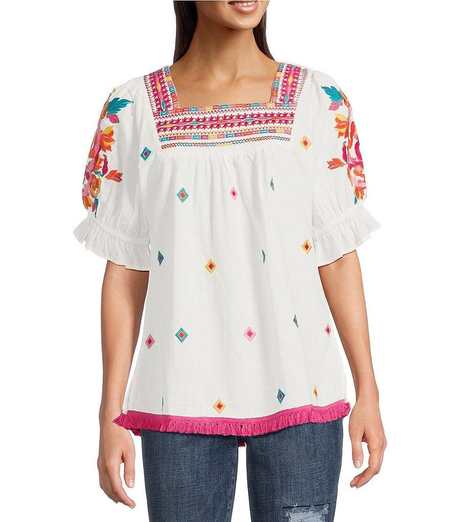 Calessa Petite Size Embroidered Square Neck Short Puff Sleeve Tassel Hem Detail Tunic Product Image