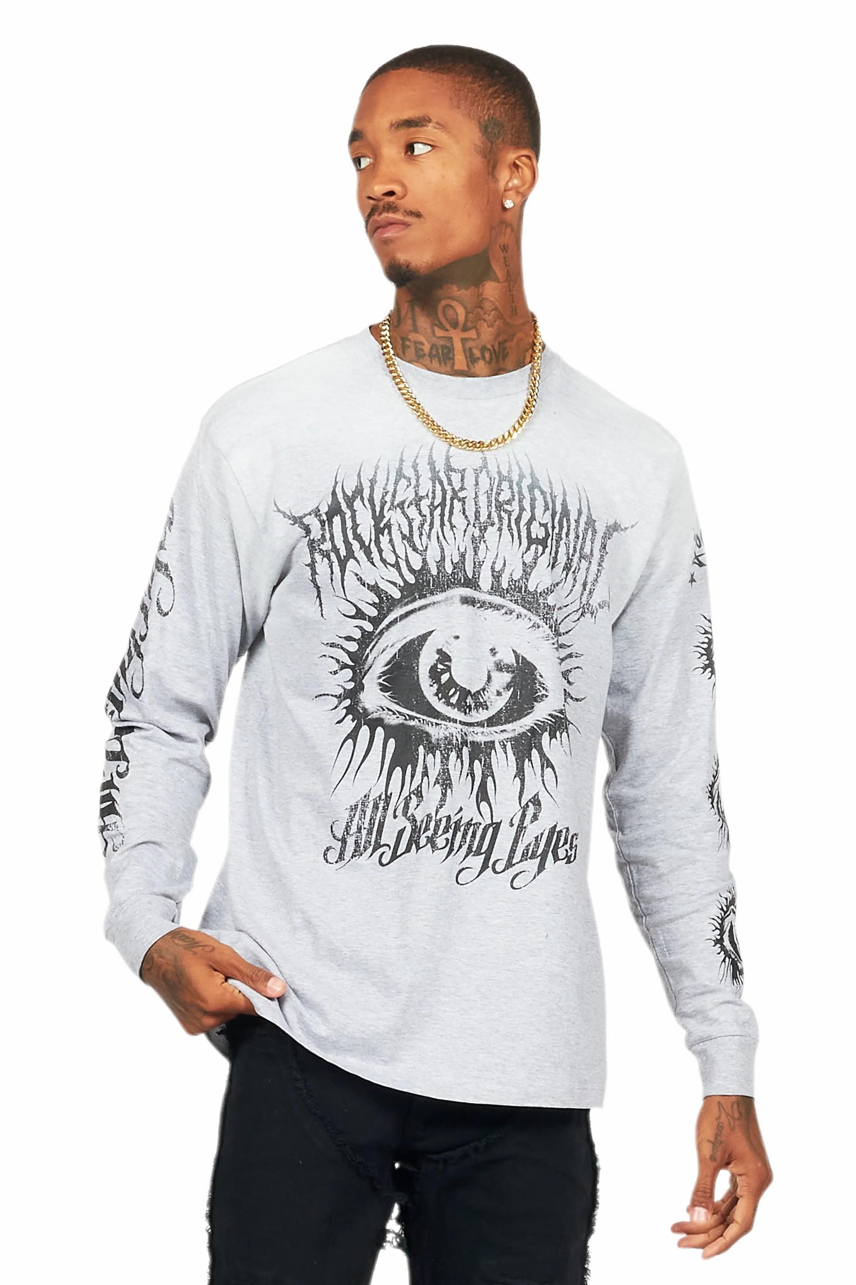 All Seeing Eyes Heather Grey Long Sleeve Graphic T-Shirt Male Product Image