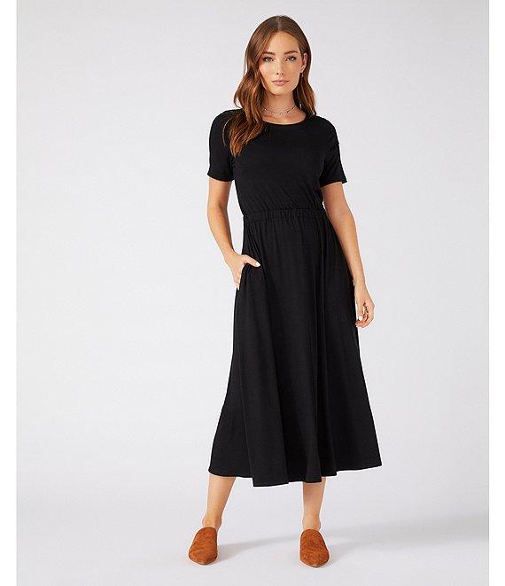 Karen Kane Cinched Waist Round Neck Short Sleeve Pocketed Artisan Midi Dress Product Image