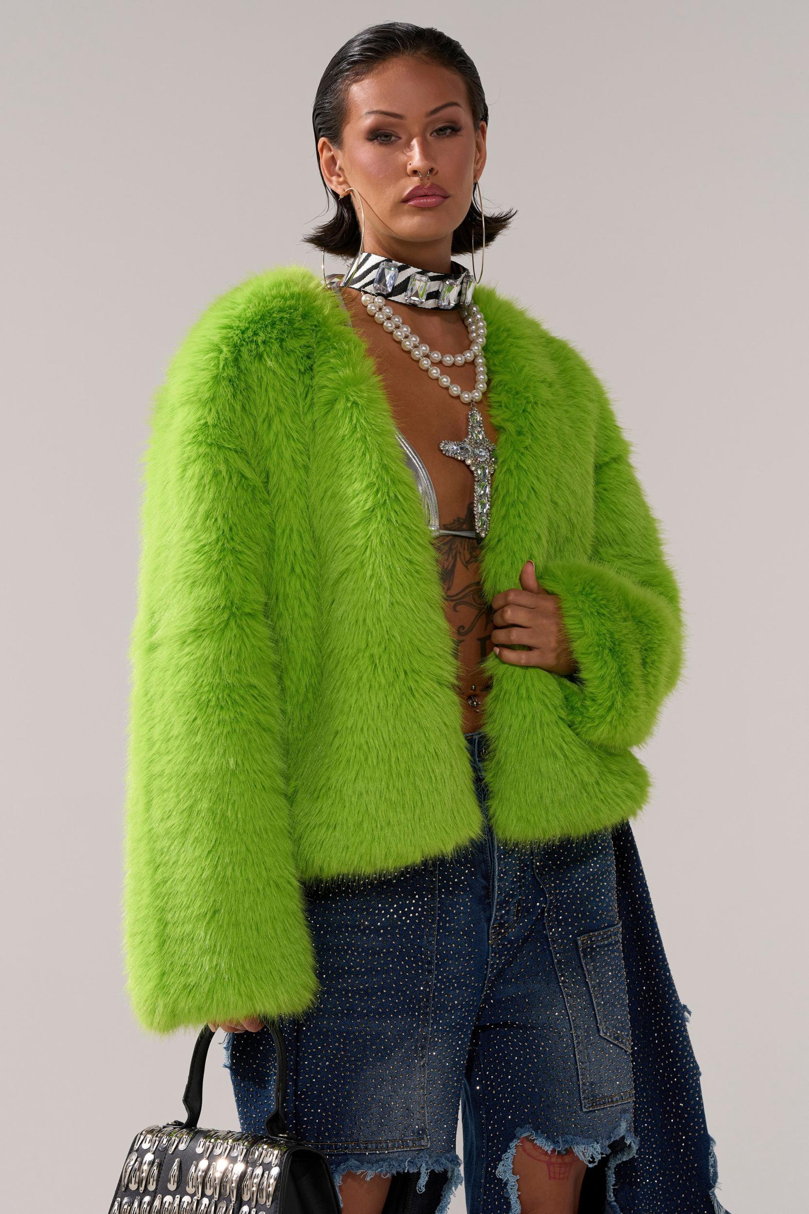 SLIME TIME FAUX FUR COAT IN LIME Product Image