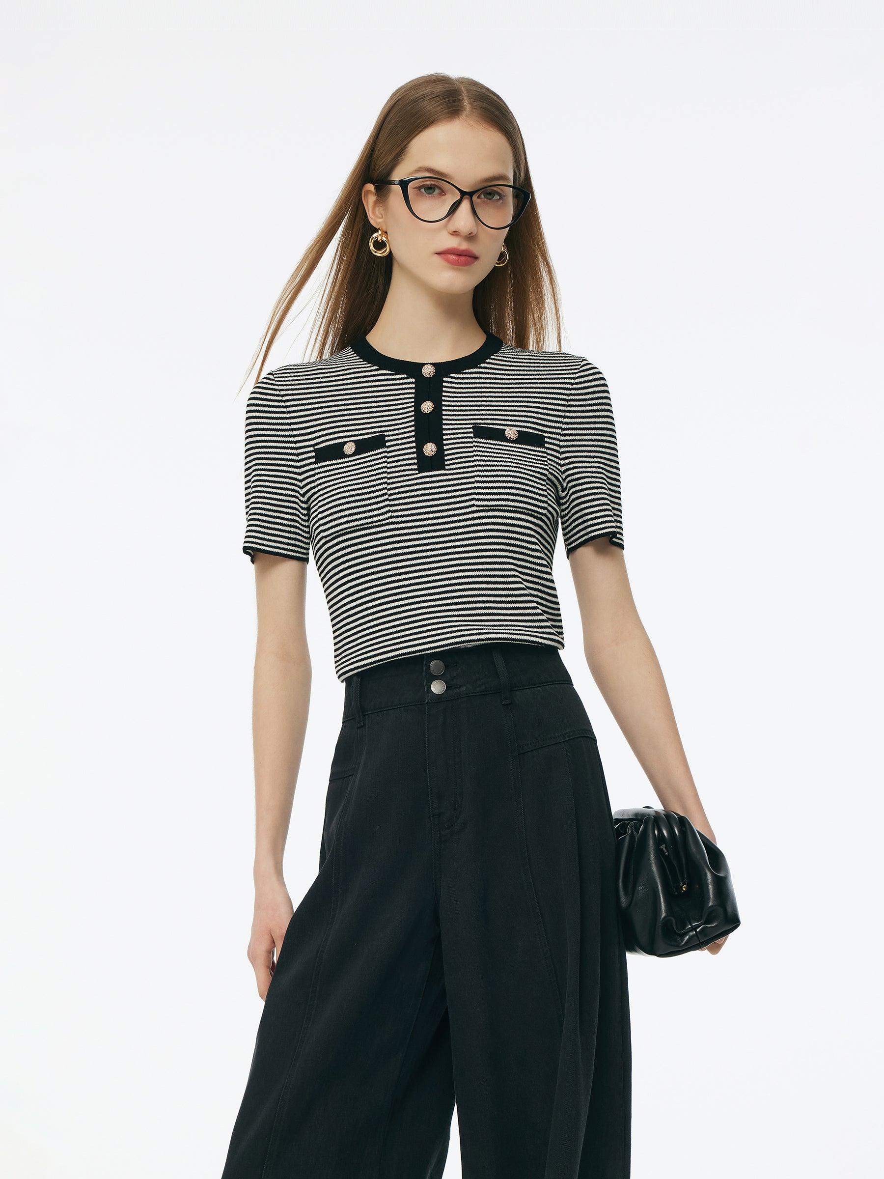 Tencel Blend Black And White Stripe Women Knit Top Product Image