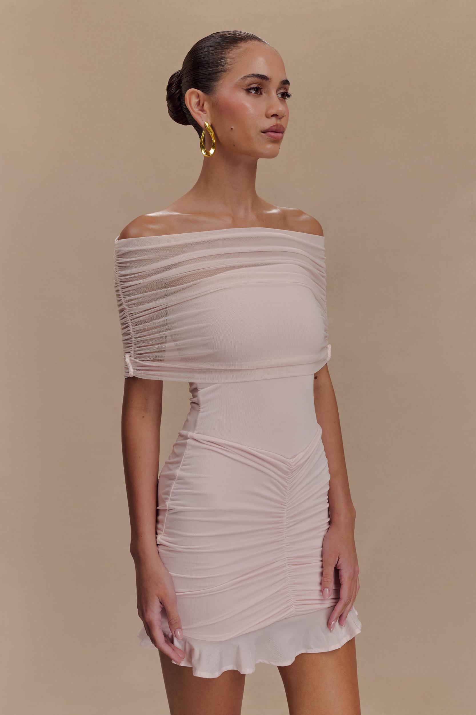 Caspian Slinky And Mesh Off Shoulder Mini Dress - Pale Pink Product Image