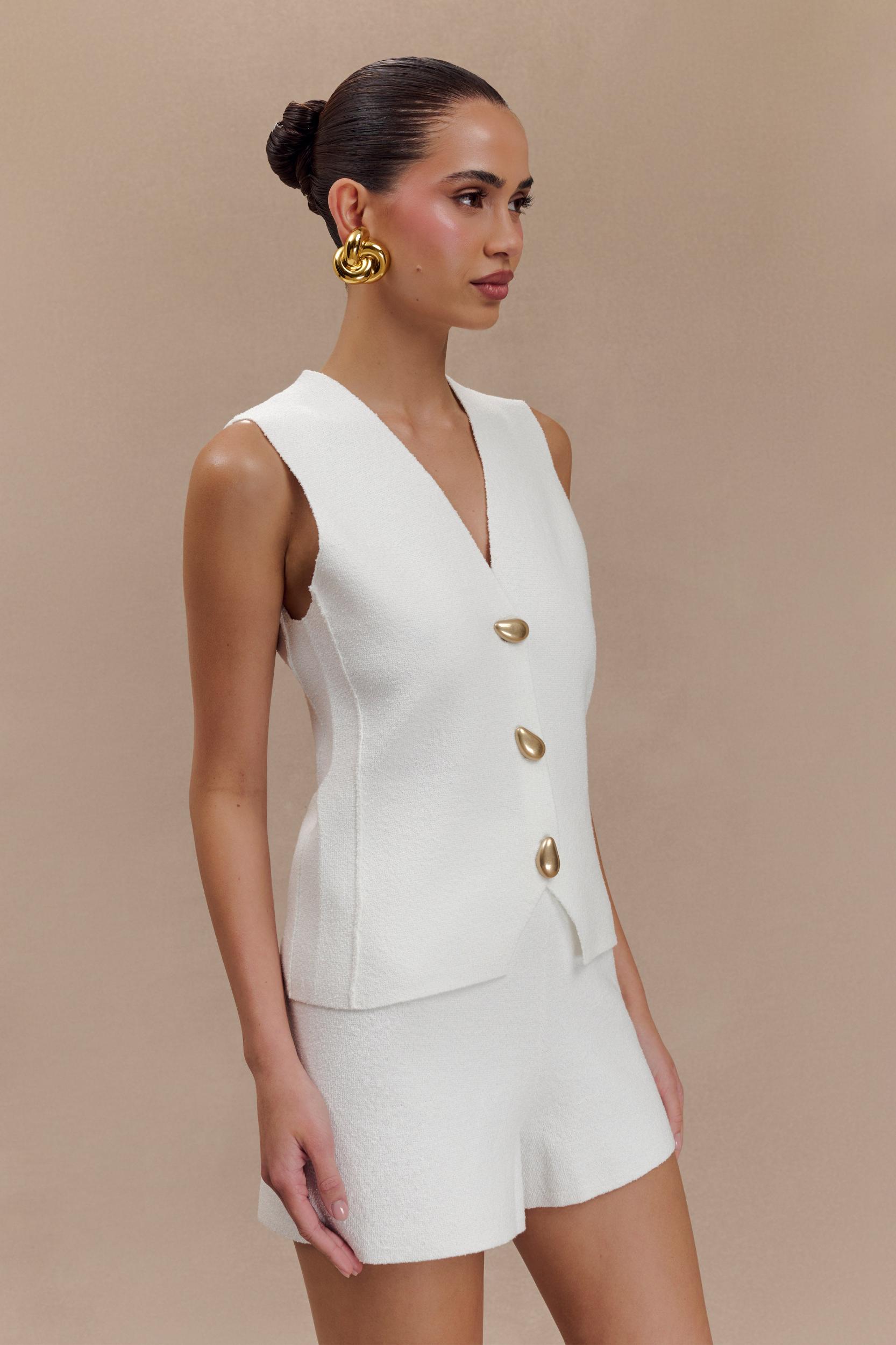 Malika Sleeveless Gold Button Vest - White Product Image