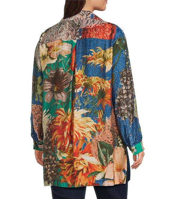 John Mark Plus Size Large Multi Floral Print Point Collar Long Roll-Tab Sleeve Button Front Tunic Product Image