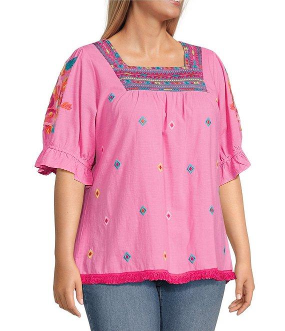 Calessa Plus Size Embroidered Square Neck Short Sleeve Top Product Image