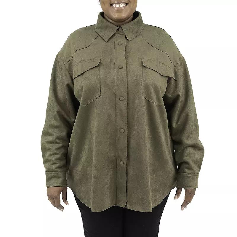 Plus Size Fleet Street Faux-Suede Shacket, Womens Dark Green Product Image