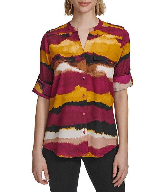 Calvin Klein Abstract Printed Split V Neckline Roll Tab Long Sleeve Blouse Product Image