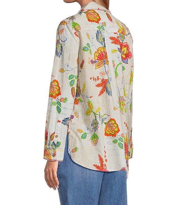 John Mark Embroidered Floral Point Collar Long Roll-Tab Sleeve Button Front Blouse Product Image