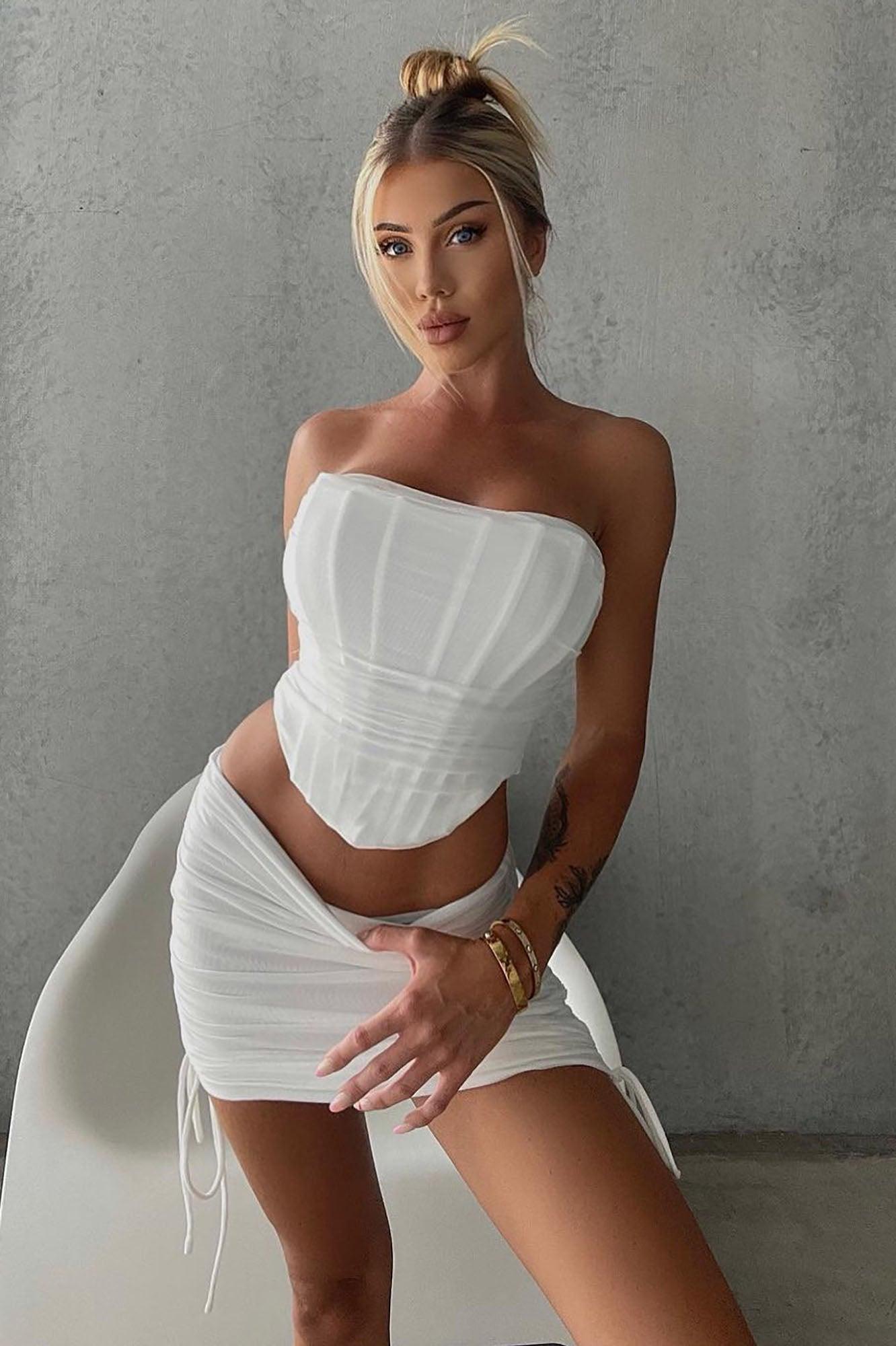 Bombshell Ruched Mini Skirt Set - White Product Image