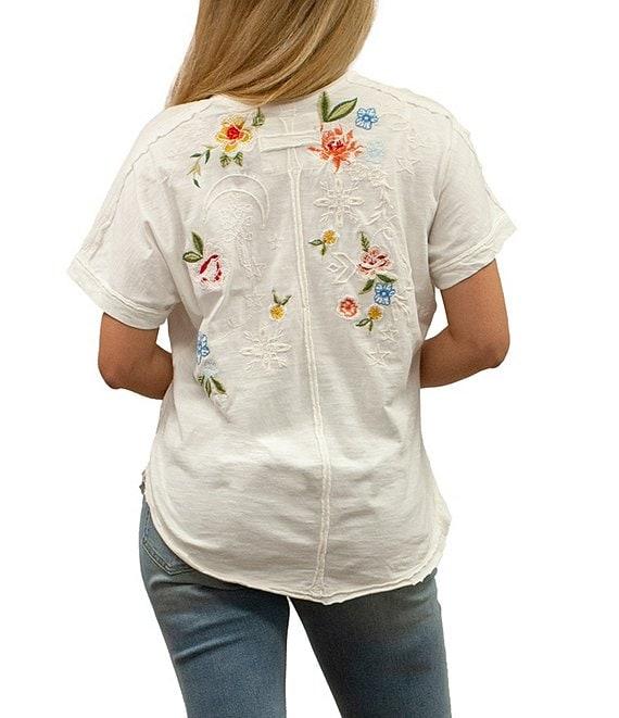 Karyn Seo Tessa Floral Embroidered Button V-Neck Dolman Short Sleeve Tee Product Image