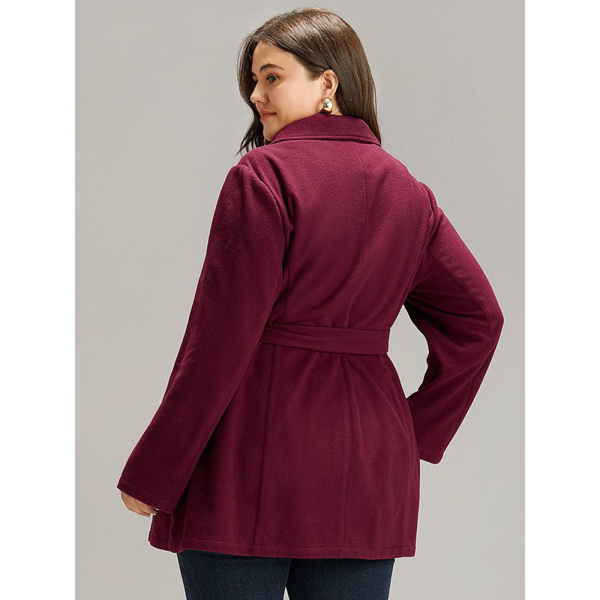 Plus Size Plain Button Up Belted Lapel Collar Coat Women Burgundy Casual Plain Ladies Dailywear Winter Coats BloomChic 10/M Product Image