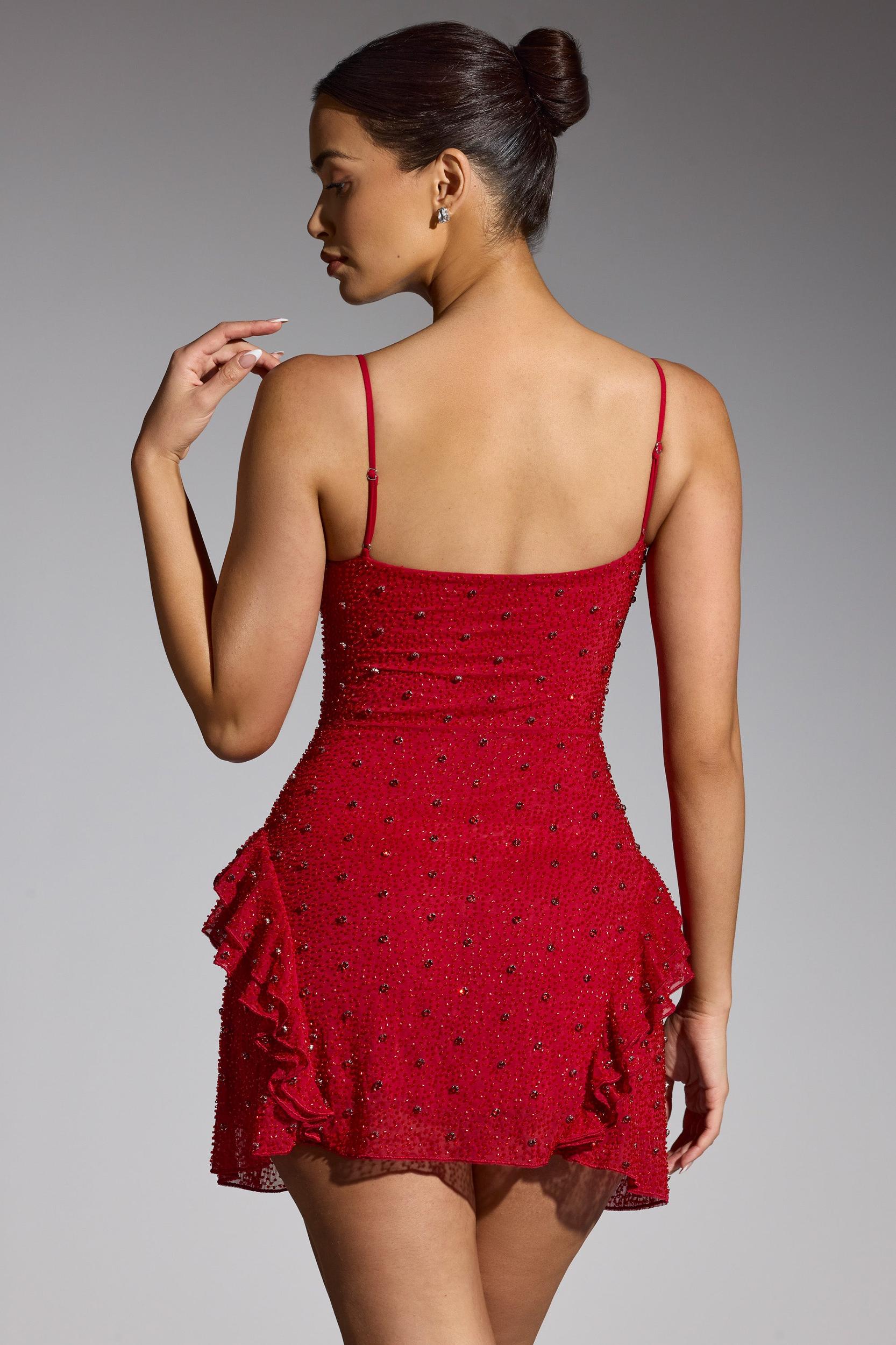 Embellished Frill Mini Dress in Red Product Image