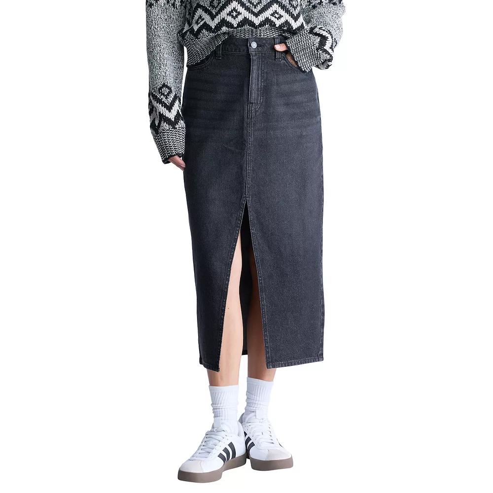 Women's Buffalo Jeans Samantha Worn Denim Midi Skirt, Size: 27, Black Worn Product Image