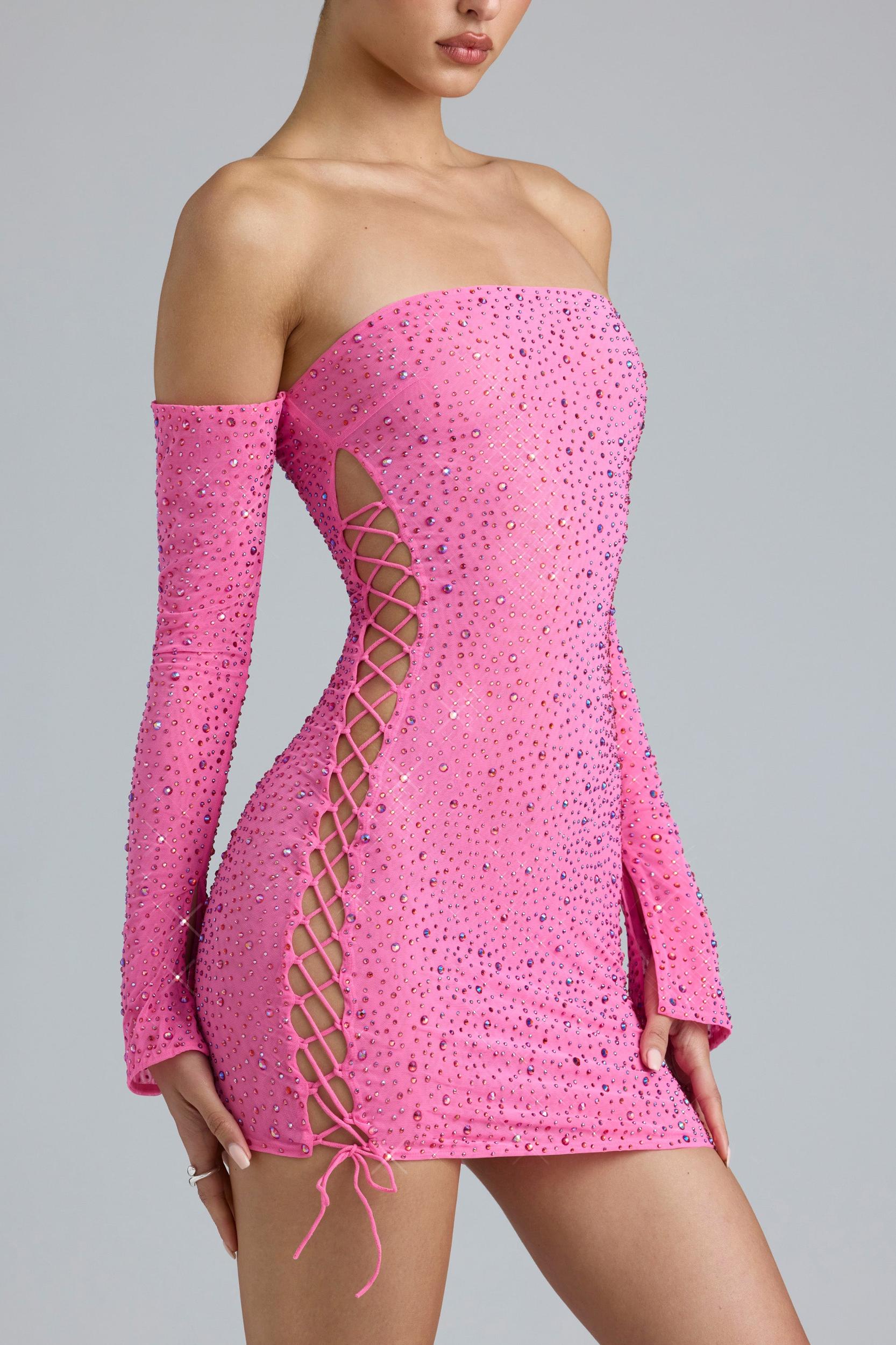 Embellished Lace-Up Off-Shoulder Mini Dress in Bubblegum Pink Product Image