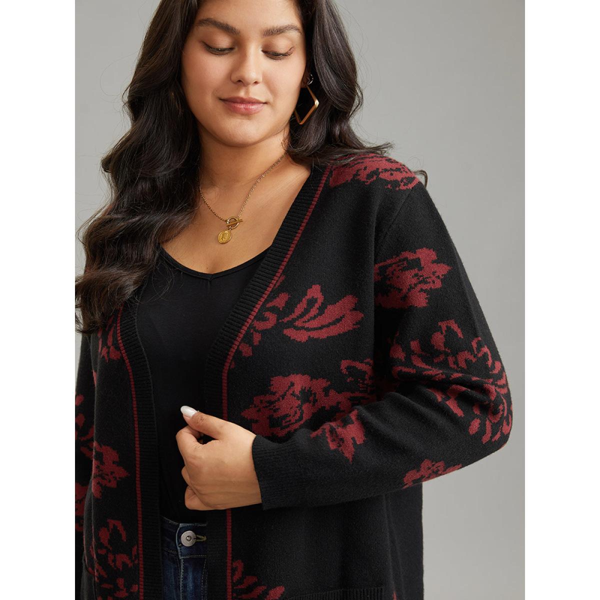 Plus Size Supersoft Essentials Jacquard Pocket Open Front Cardigan Black Women Casual Loose Long Sleeve Dailywear Cardigans BloomChic 22-24/3X Product Image