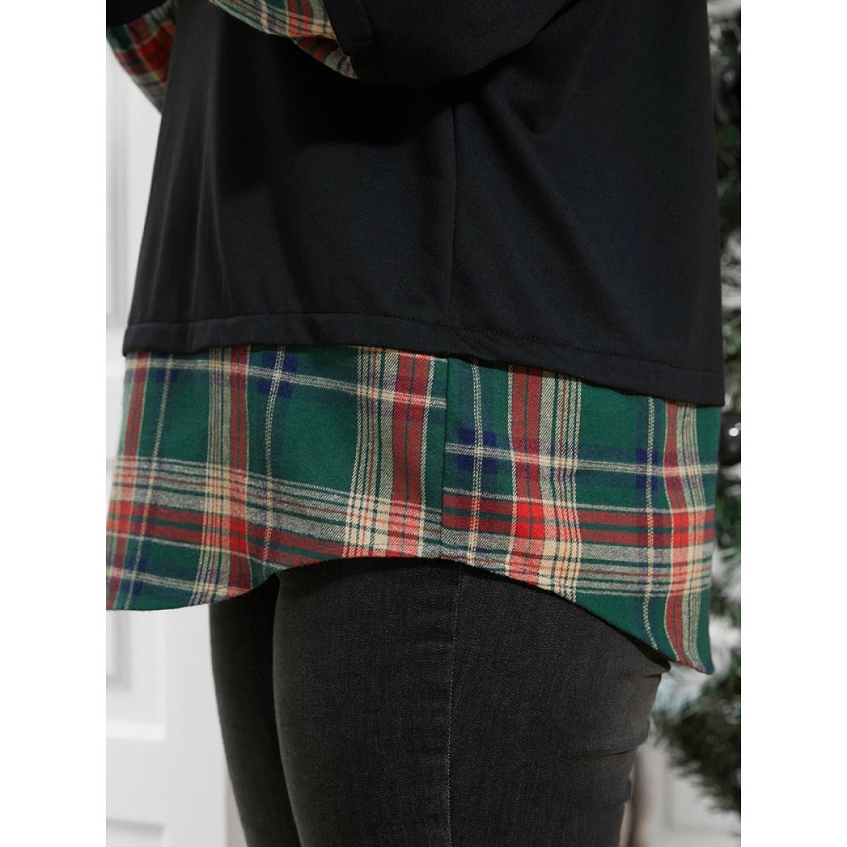 Plus Size Plaid Patchwork Arc Hem Drop Shoulder Sweatshirt Women DarkGreen Elegant Contrast Round Neck Dailywear Sweatshirts BloomChic 14-16/1X Product Image
