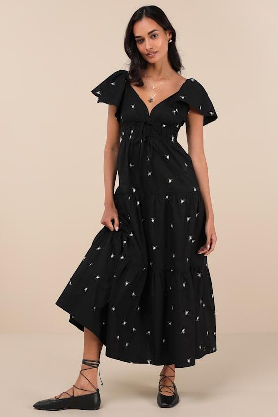 Definite Sweetness Black Embroidered Tiered Midi Dress Product Image