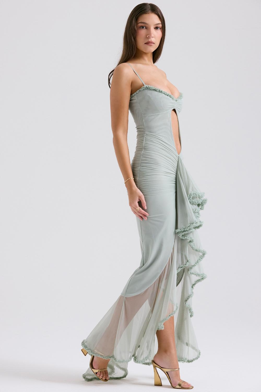 Gabriella  pistachio ruffled front gown Product Image