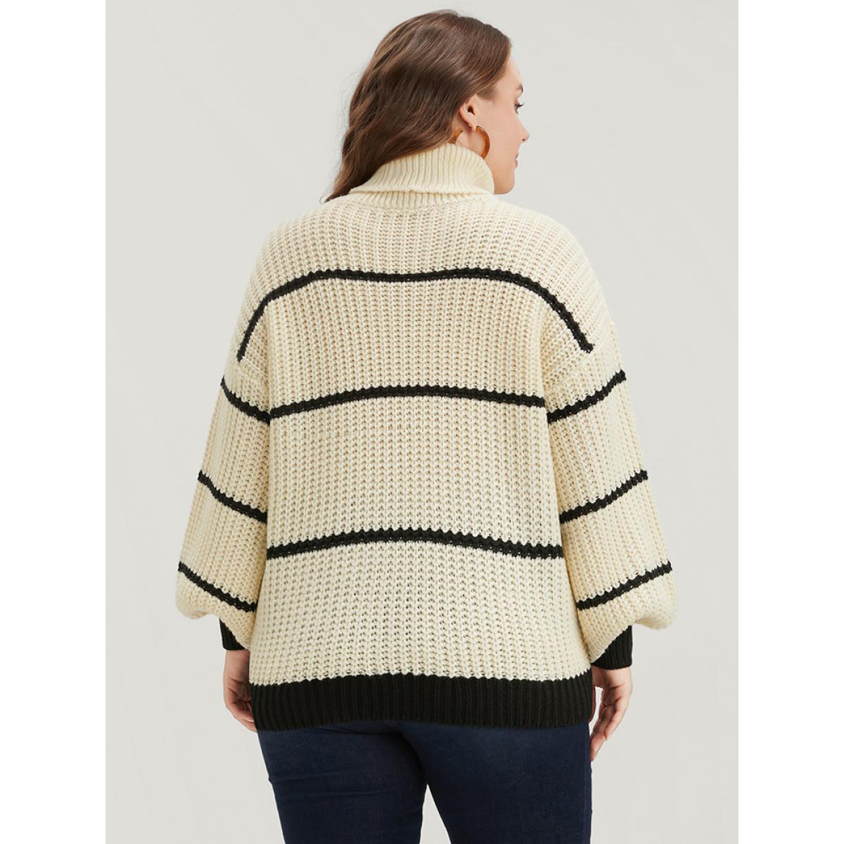 Plus Size Striped Contrast Pointelle Knit Lantern Sleeve Funnel Neck Knit Top Beige Women Elegant Loose Long Sleeve Turtleneck Dailywear Pullovers BloomChic 14-16/1X Product Image