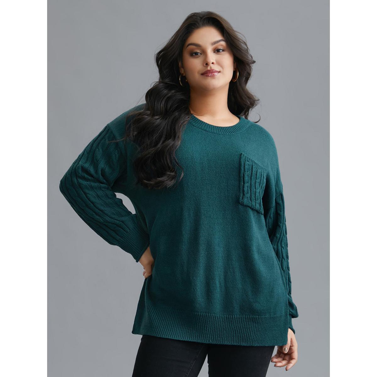 Plus Size Cable Knit Sleeve Chest Pocket Pullover Cyan Women Casual Loose Long Sleeve Round Neck Everyday Pullovers BloomChic 30/6X Product Image