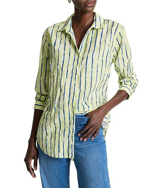 NIC + ZOE Woven Crinkle Watercolor Stripe Button Down Collar Shirt Product Image