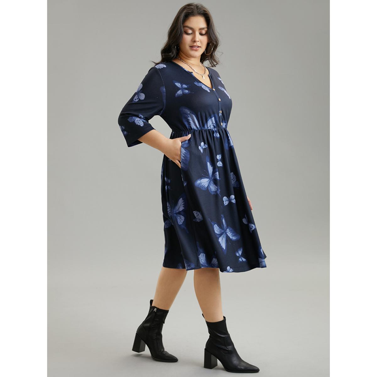 Plus Size Butterfly Print Notched Elastic Waist Button Detail Dress Midnight Women Casual Gathered Notched collar Elbow-length sleeve Curvy Midi Dress BloomChic 14-16/1X Product Image