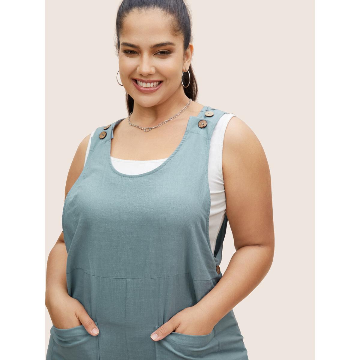 Plus Size Stone Cotton Solid Patch Pocket Button Detail Jumpsuit Women Casual Sleeveless Non Everyday Loose Jumpsuits BloomChic 28/5X Product Image