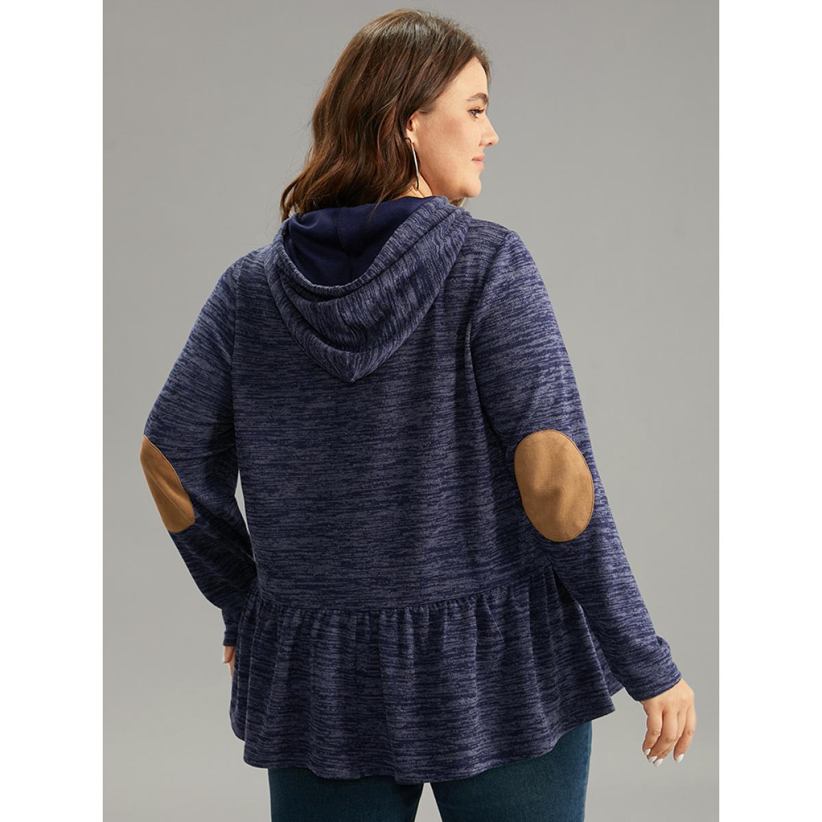 Plus Size Solid Heather Hooded Flutter Hem Gathered Sweatshirt Women DarkBlue Casual Contrast Hooded Dailywear Sweatshirts BloomChic 14-16/1X Product Image