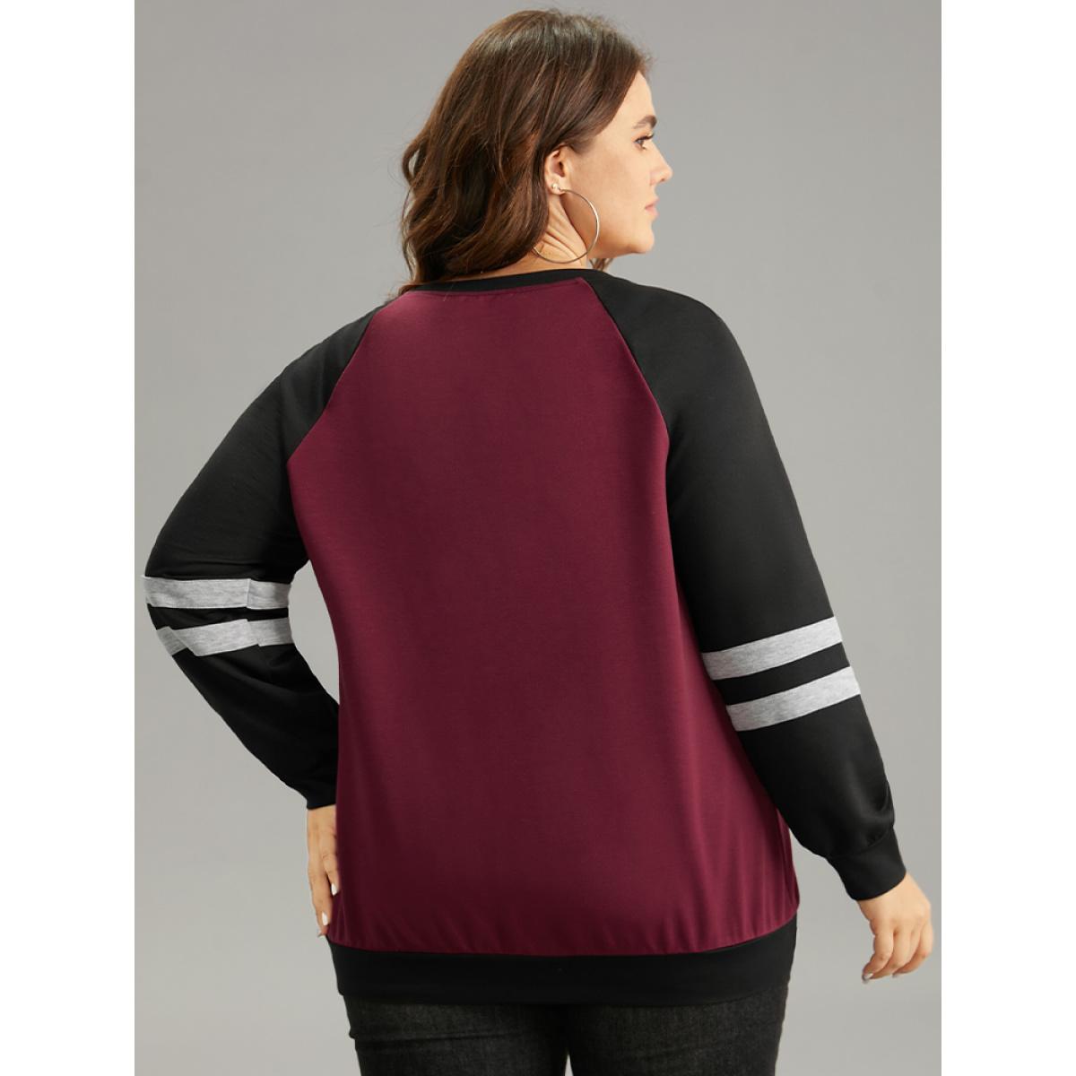 Plus Size Striped Contrast Raglan Sleeve Stitch Sweatshirt Women Burgundy Casual Contrast Round Neck Everyday Sweatshirts BloomChic 12/L Product Image