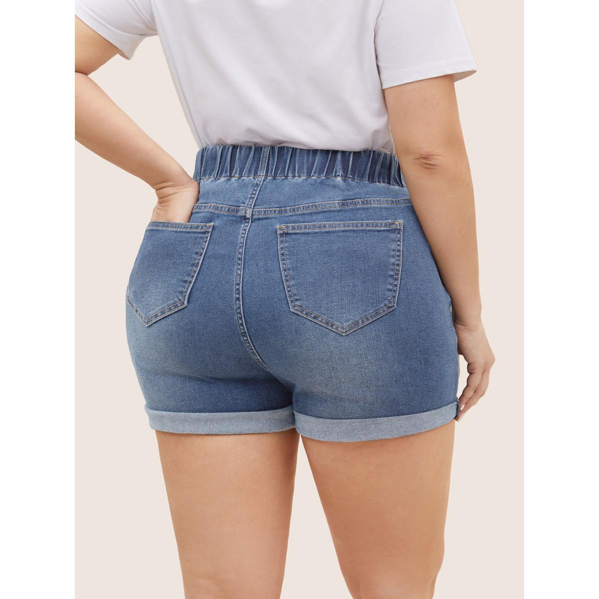 Plus Size Dark Wash Elastic Waist Roll Hem Denim Shorts Women Denimlightblue Roll Hem Medium stretch Everyday Slanted pocket Casual Denim Shorts BloomChic 14/1X Product Image