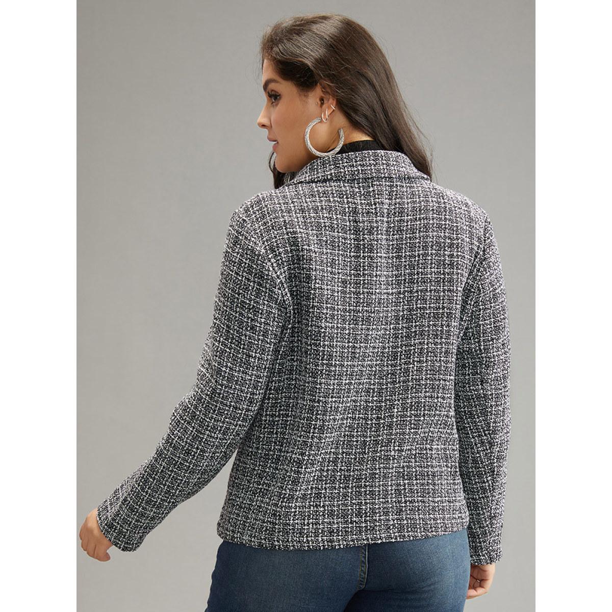 Plus Size Gingham Texture Lapel Collar Metal Detail Jacket Women Black Elegant Texture Ladies Everyday Winter Coats BloomChic 10/M Product Image