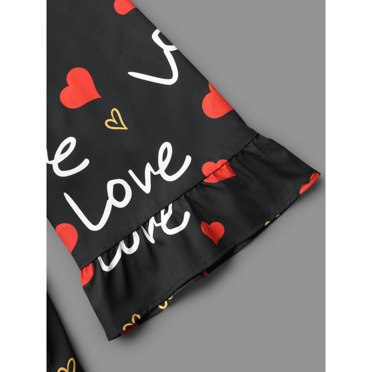 Plus Size Notched Collar Heart Print Tiered Midi Dress Black Women Elegant Non Flat collar with V-notch Elbow-length sleeve Curvy BloomChic 28/5X Product Image