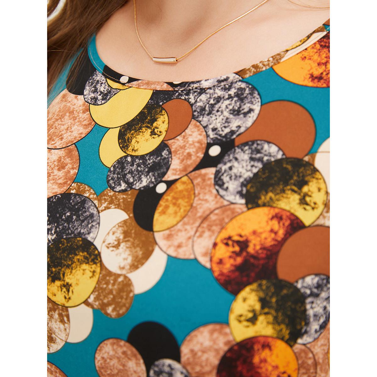 Plus Size Cyan Allover Print Round Neck Contrast Blouse Women Elegant Short sleeve Round Neck Dailywear Blouses BloomChic 22-24/3X Product Image