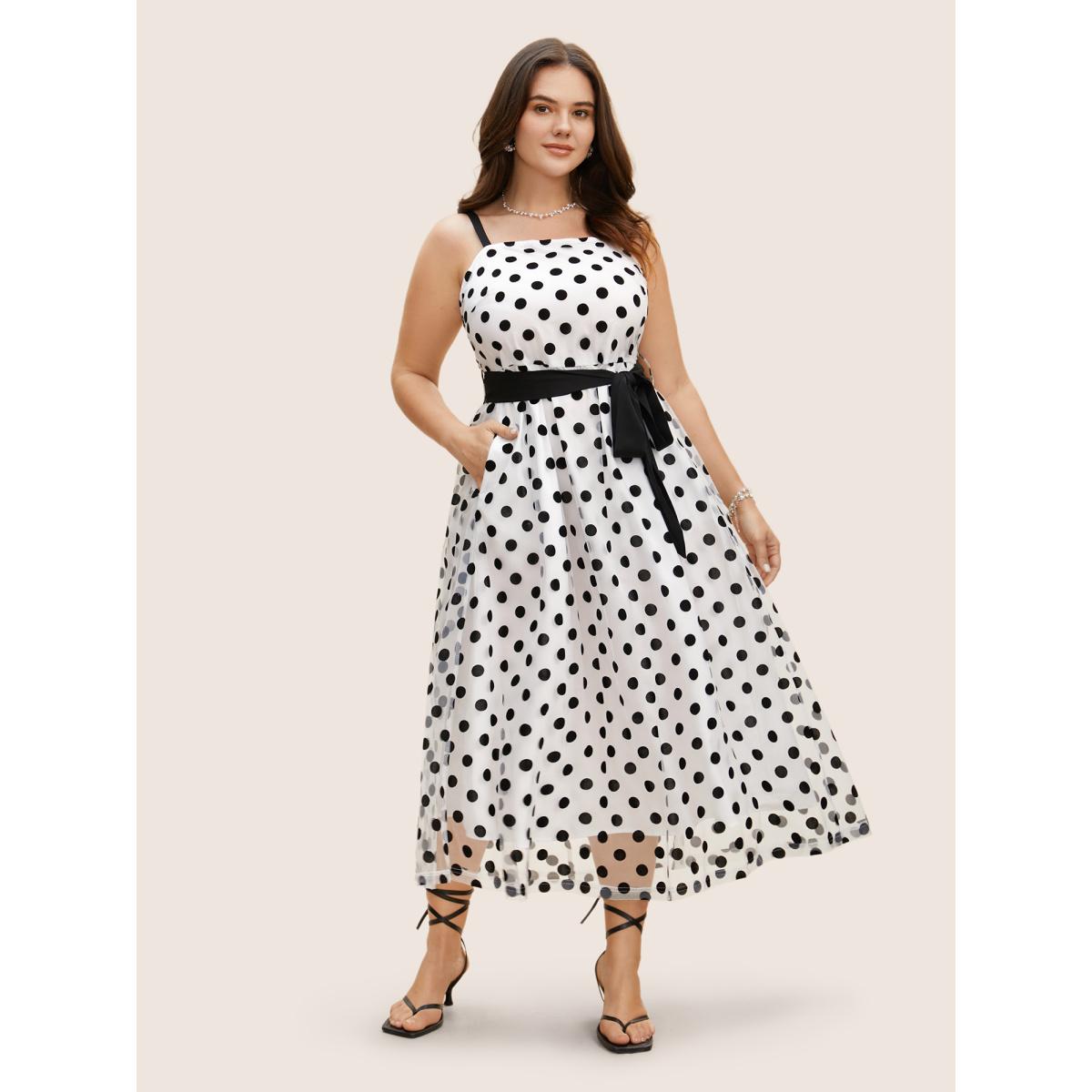 Plus Size Polka Dot Mesh Belted Cami Dress WhiteSmoke Women Elegant Woven ribbon&lace trim Non Sleeveless Curvy BloomChic 10/M Product Image