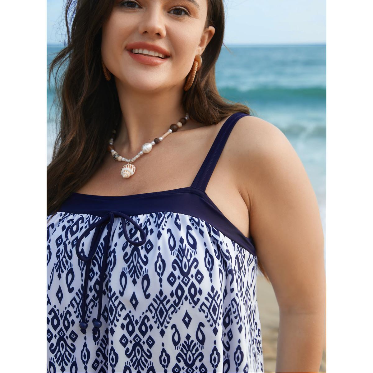 Plus Size Boho Print Ties Adjustable Straps Swim Top Women's Swimwear Indigo Beach Patchwork High stretch Bodycon Square Neck Curve Swim Tops BloomChic 28/5X Product Image