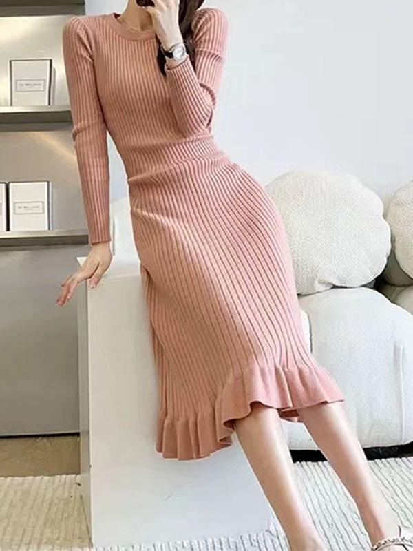 Long Sleeves Loose Ruffled Solid Color Round-Neck Midi Dresses Sweater Dresses Product Image