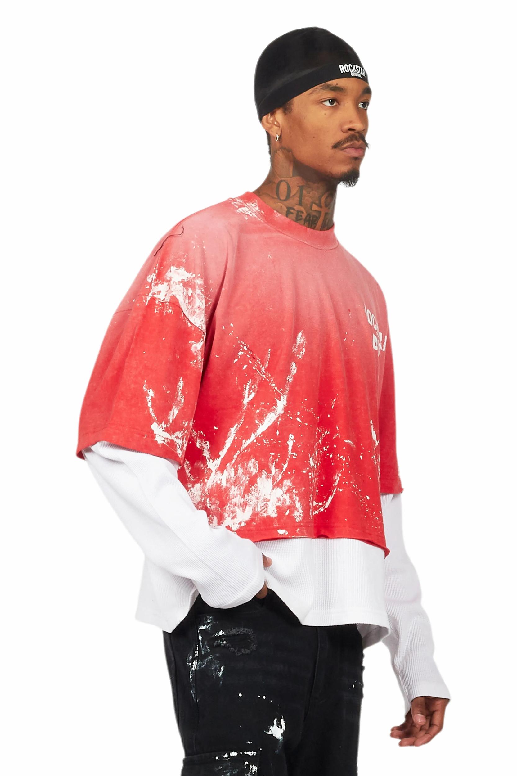 Paley Vintage Red Thermal Double Layer Boxy Crop T-Shirt Male Product Image