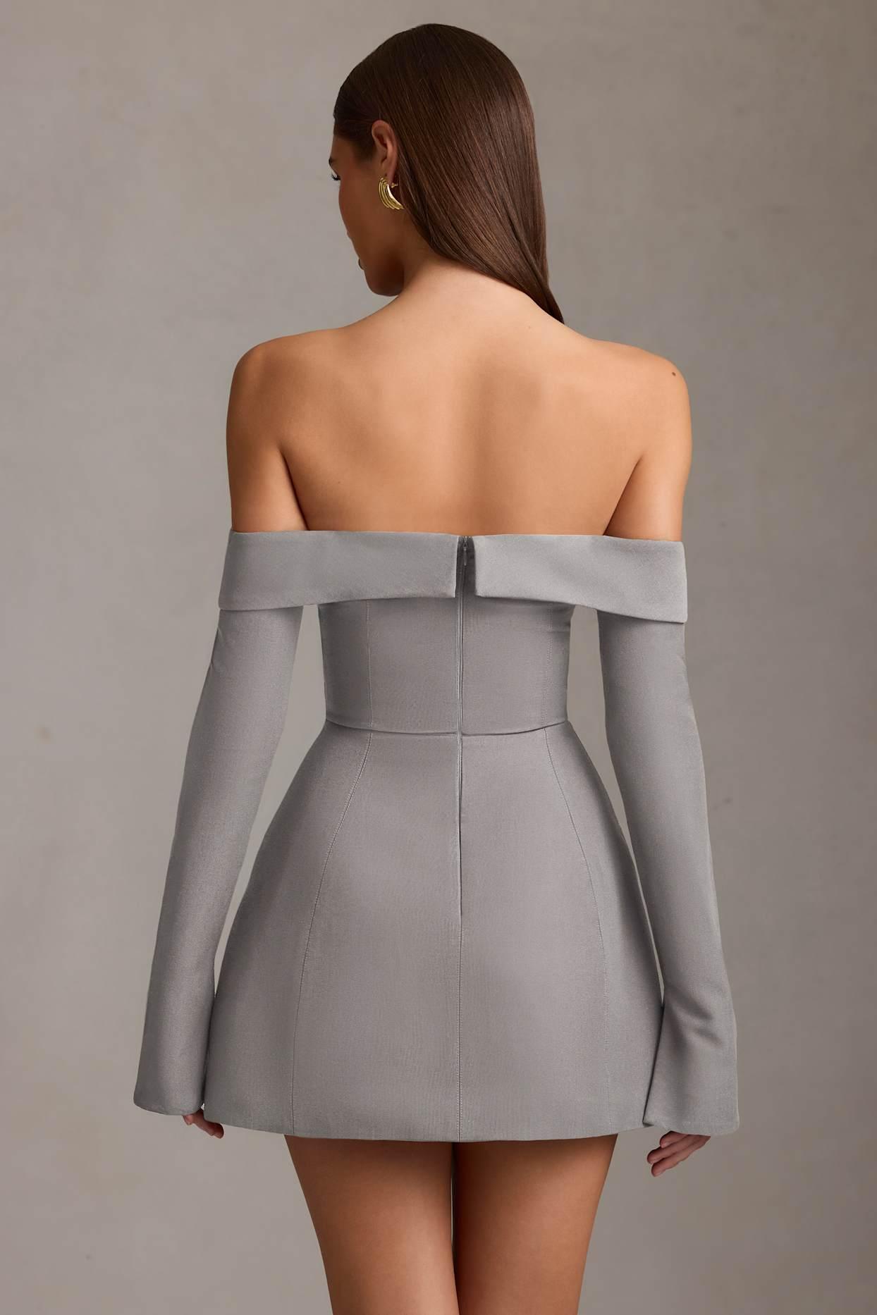 Off-Shoulder Structured A-Line Mini Dress in Grey Product Image